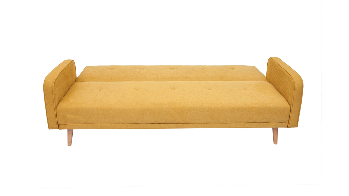 Sof cama nrdico 3 plazas de tela efecto aterciopelado amarillo mostaza y madera clara ULLA