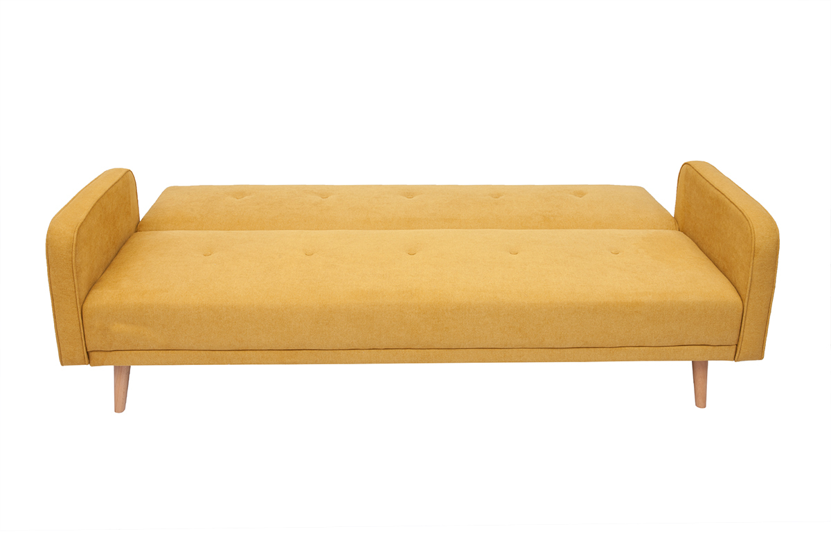 Sof cama nrdico 3 plazas de tela efecto aterciopelado amarillo mostaza y madera clara ULLA