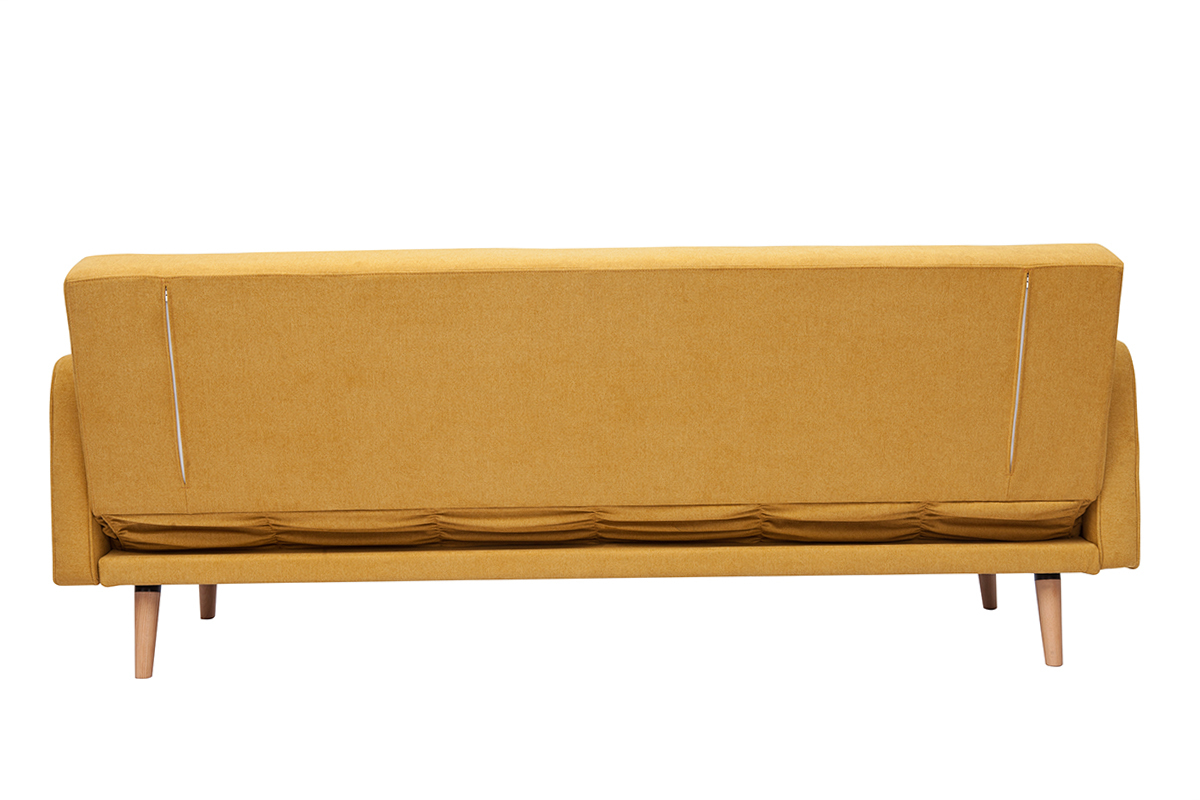 Sof cama nrdico 3 plazas de tela efecto aterciopelado amarillo mostaza y madera clara ULLA
