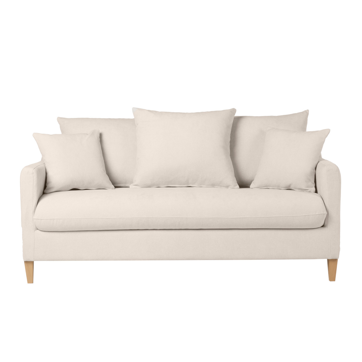 Sofá cama nórdico 3 plazas de tela efecto aterciopelado beige y madera clara LOUISE