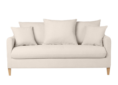 Sofá cama nórdico 3 plazas de tela efecto aterciopelado beige y madera clara LOUISE