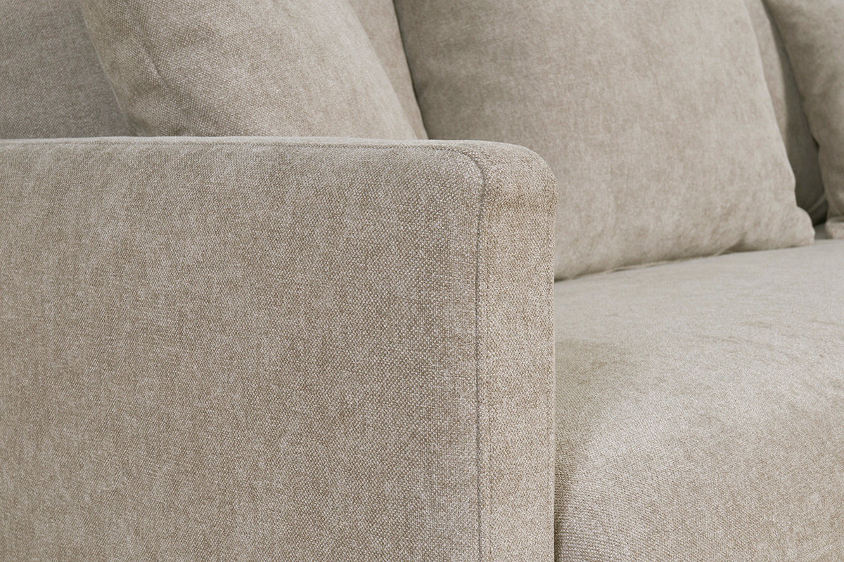 Sof cama nrdico 3 plazas de tela efecto aterciopelado topo y madera clara LOUISE