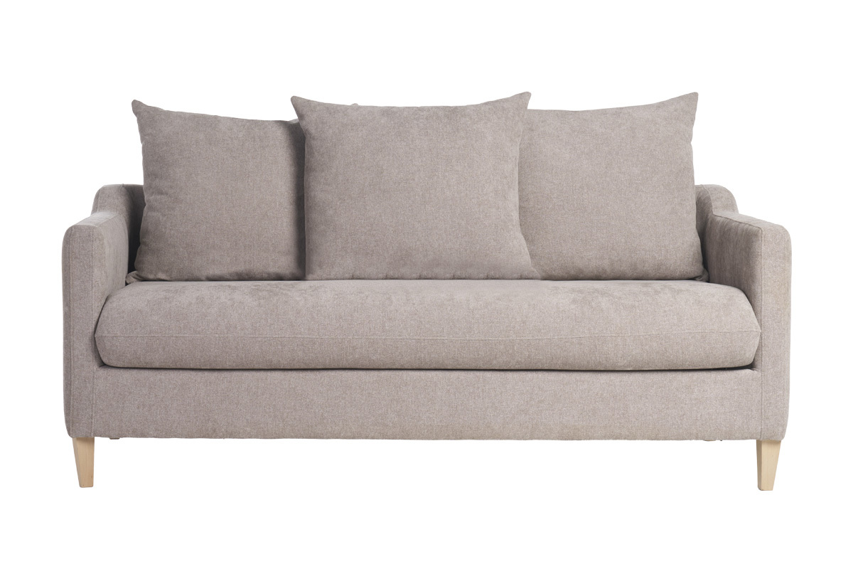 Sof cama nrdico 3 plazas de tela efecto aterciopelado topo y madera clara LOUISE