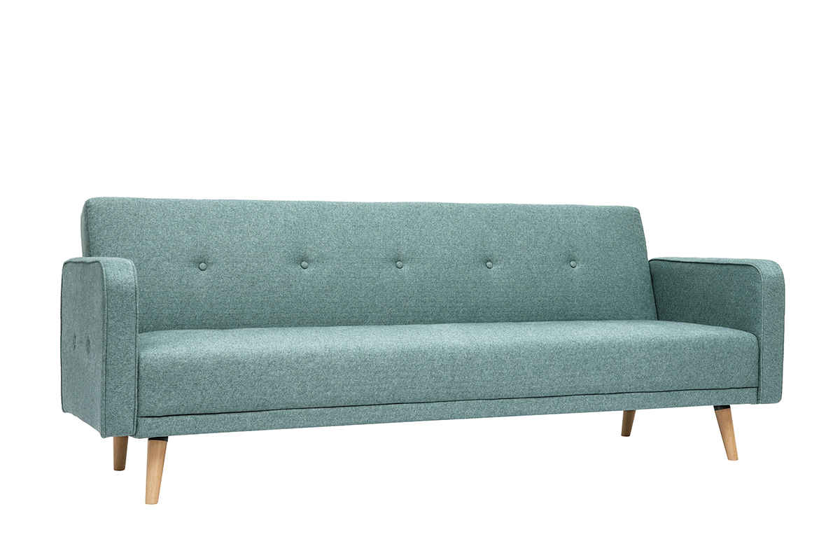Sof� cama n�rdico 3 plazas de tela verde gris�ceo y madera clara ULLA