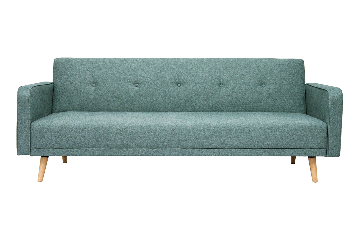 Sof� cama n�rdico 3 plazas de tela verde gris�ceo y madera clara ULLA