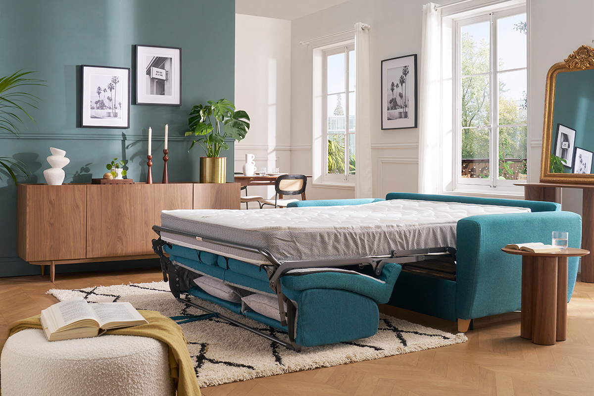 Sof cama nrdico azul petrleo con colchn de 18cm GRAHAM