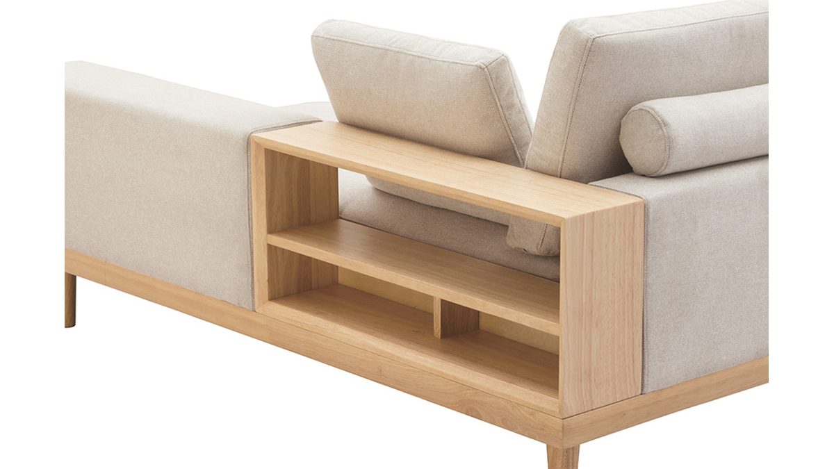 Sof chaise longue a la derecha 5plazas con almacenaje de tela texturizada beige efecto aterciopelado y madera clara KOMAO