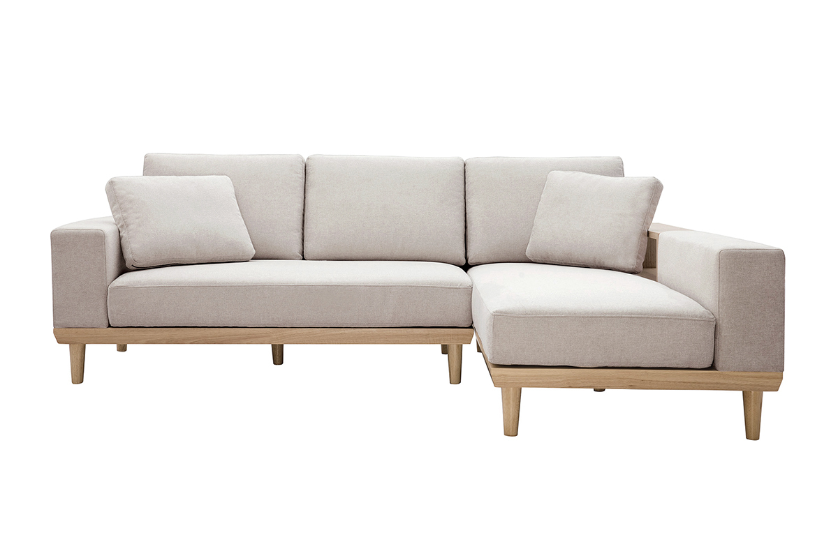 Sof chaise longue a la derecha 5plazas con almacenaje de tela texturizada beige efecto aterciopelado y madera clara KOMAO