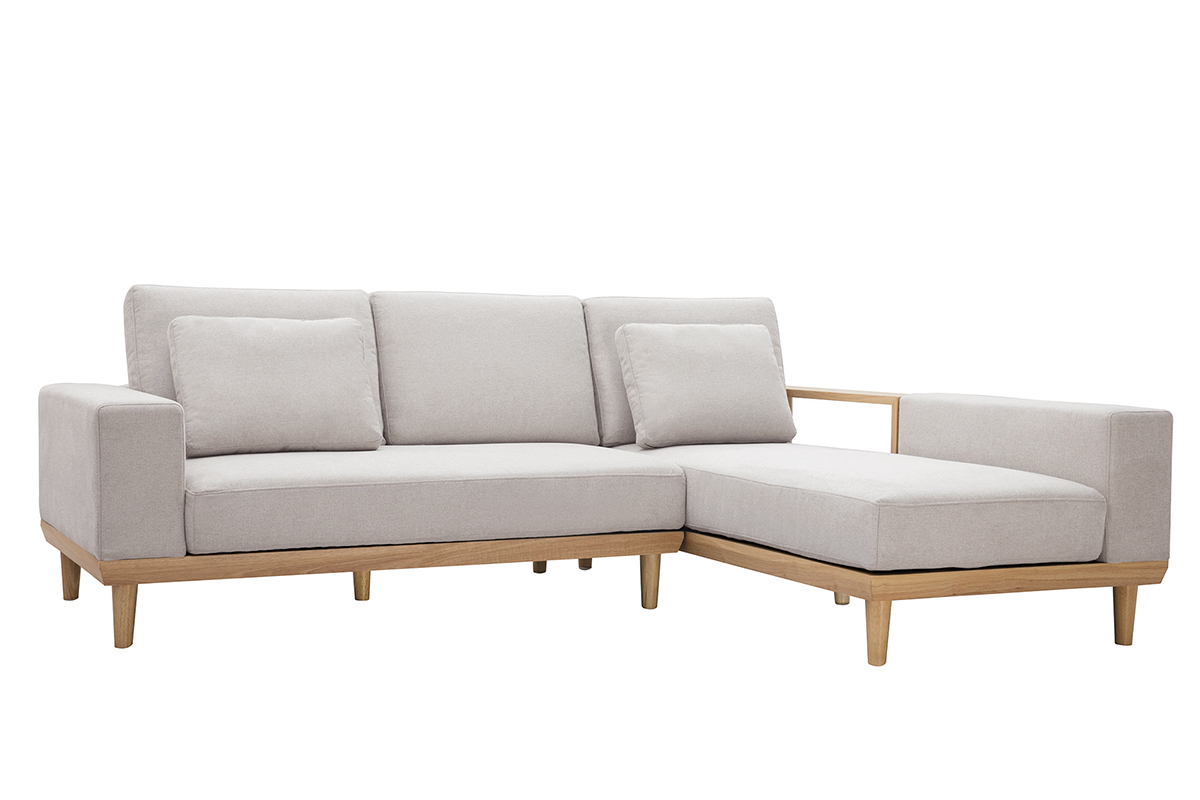 Sof chaise longue a la derecha 5plazas con almacenaje de tela texturizada beige efecto aterciopelado y madera clara KOMAO