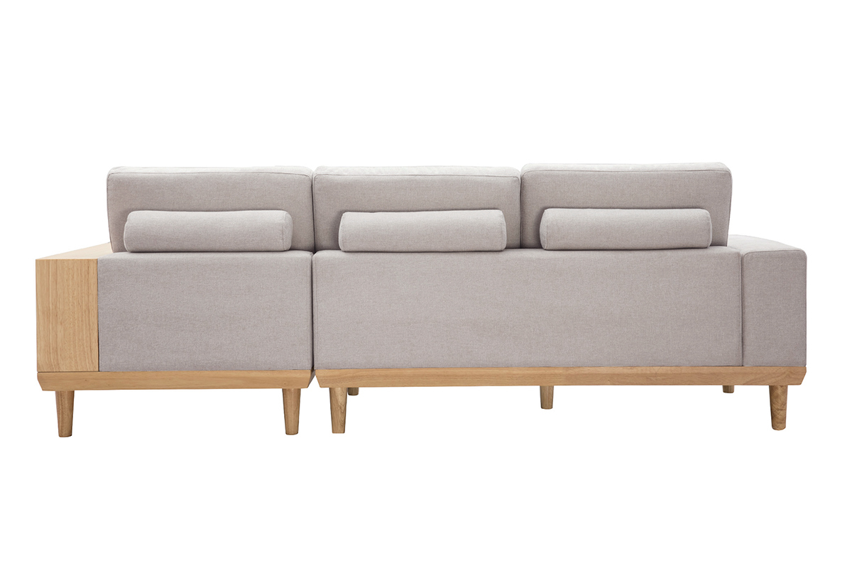 Sof chaise longue a la derecha 5plazas con almacenaje de tela texturizada beige efecto aterciopelado y madera clara KOMAO