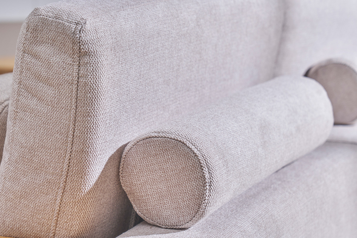 Sof chaise longue a la derecha 5plazas con almacenaje de tela texturizada beige efecto aterciopelado y madera clara KOMAO