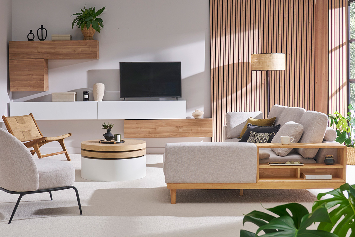 Sof chaise longue a la derecha 5plazas con almacenaje de tela texturizada beige efecto aterciopelado y madera clara KOMAO
