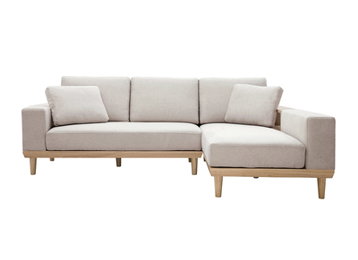 Sofá chaise longue a la derecha 5 plazas con almacenaje de tela texturizada beige efecto aterciopelado y madera clara KOMAO