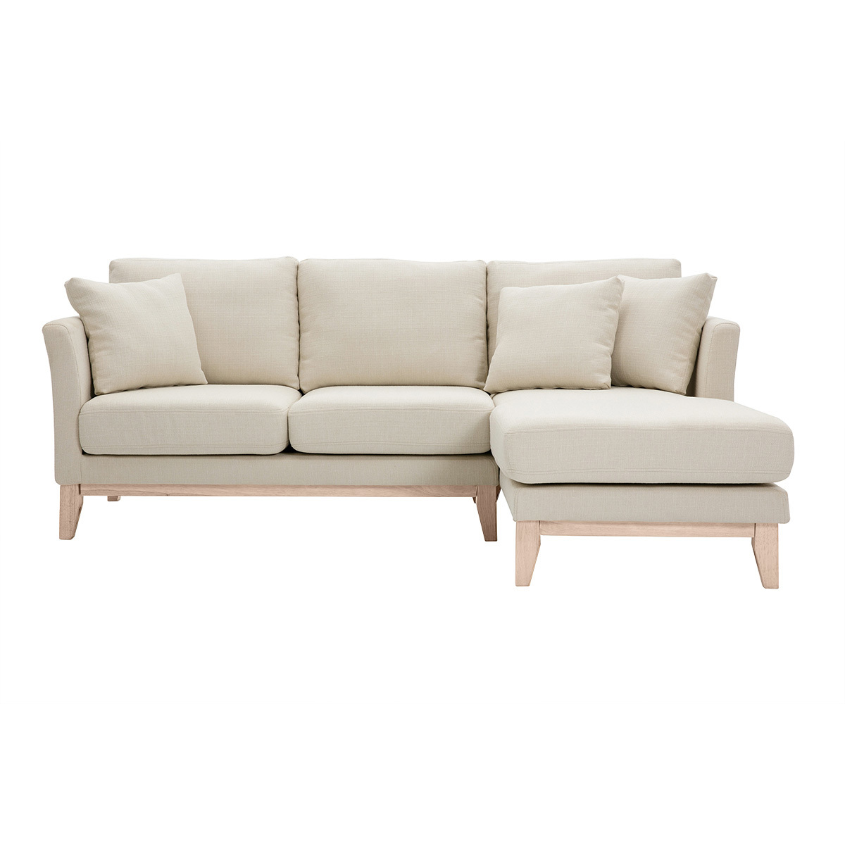 Sofá chaise longue a la derecha beige y madera clara 4 plazas desenfundable OSLO
