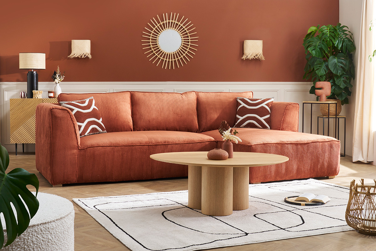 Sof chaise longue a la derecha de diseo de pana color terracota 3-4 plazas - PANAM