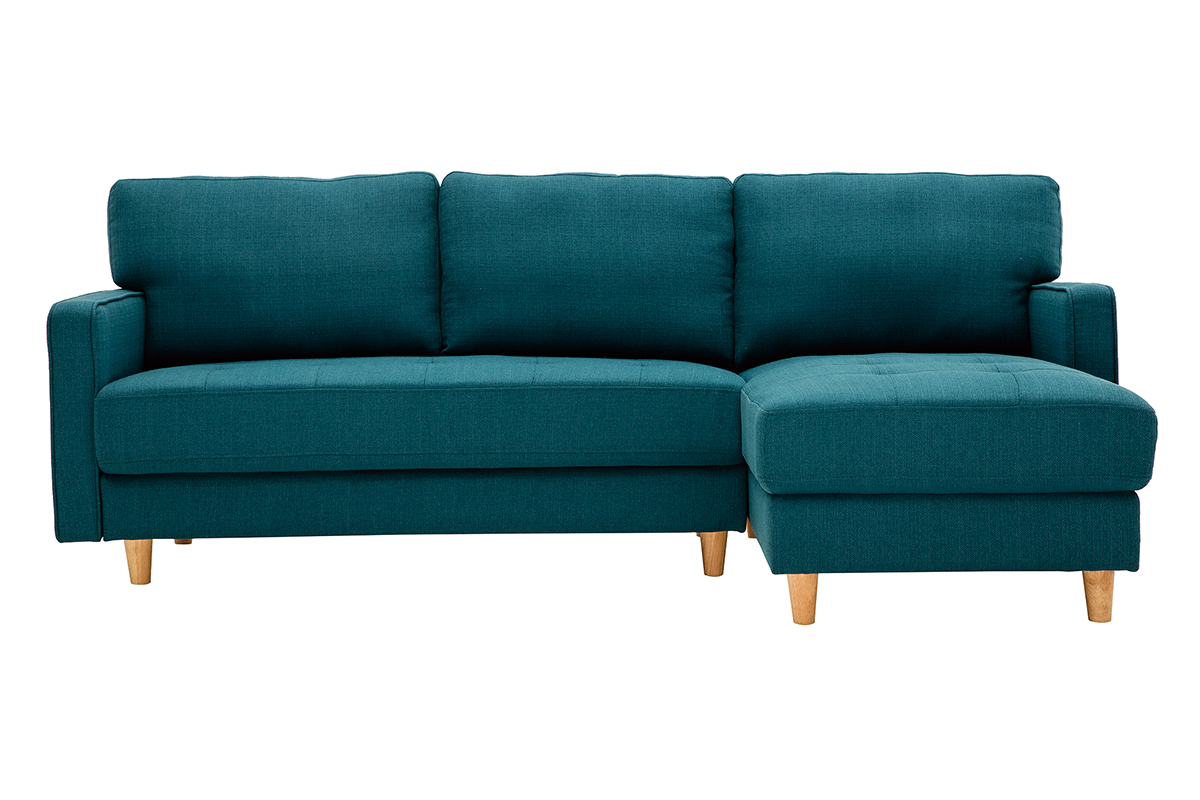 Sof chaise longue a la derecha de terciopelo acolchado azul petrleo y madera CUMBIA