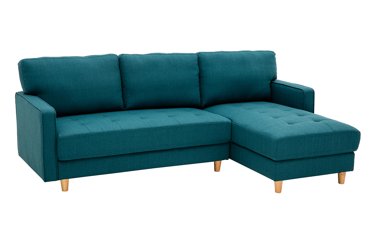 Sof chaise longue a la derecha de terciopelo acolchado azul petrleo y madera CUMBIA