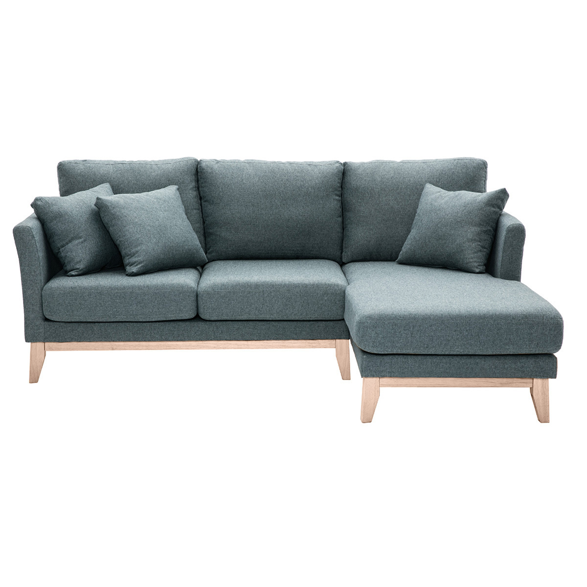 Sofá chaise longue a la derecha nórdico 4 plazas verde grisáceo y madera clara OSLO