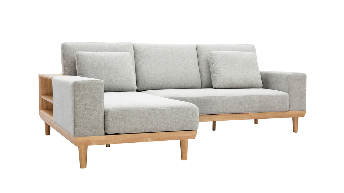 Sof chaise longue a la izquierda 5plazas con estantes en tela texturizada gris claro efecto aterciopelado y madera clara KOMAO