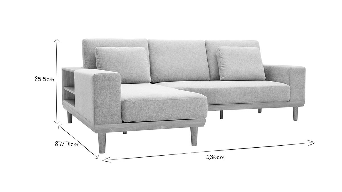 Sof chaise longue a la izquierda 5plazas con estantes en tela texturizada gris claro efecto aterciopelado y madera clara KOMAO