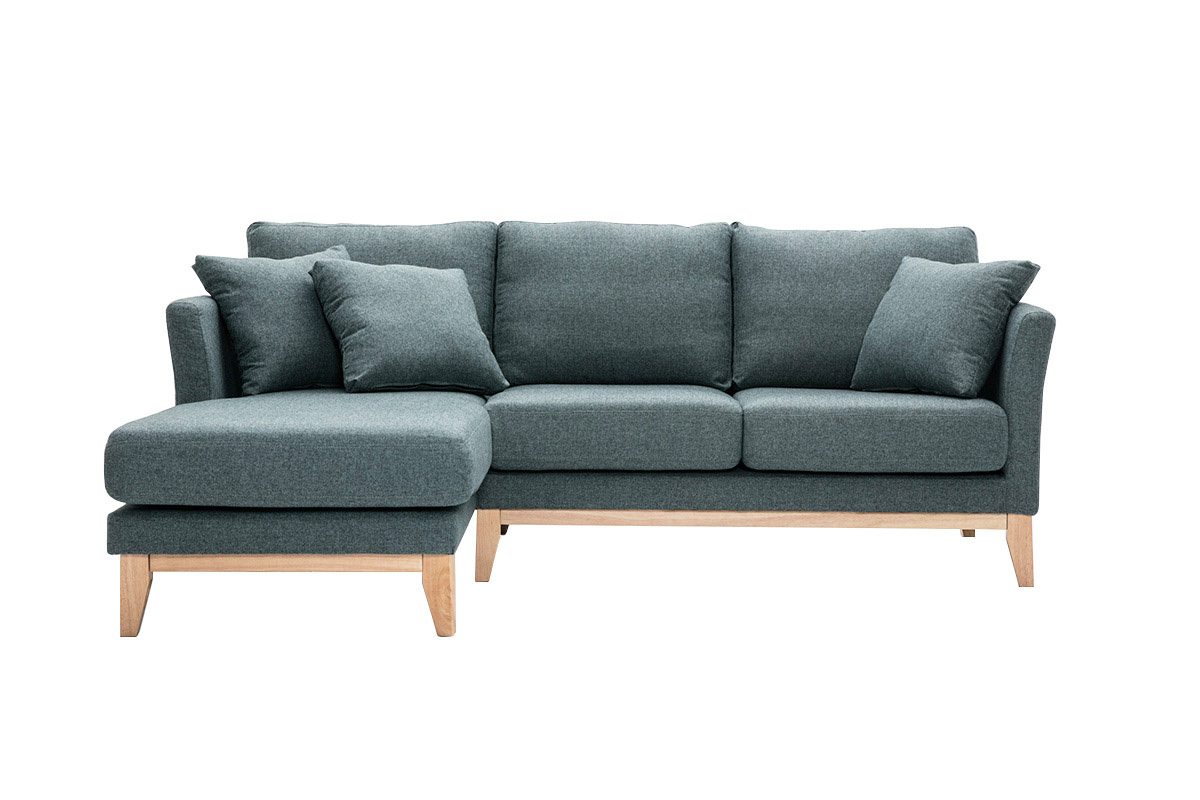 Sofá chaise longue a la izquierda nórdico desenfundable verde grisáceo y madera clara 3-4 plazas OSLO