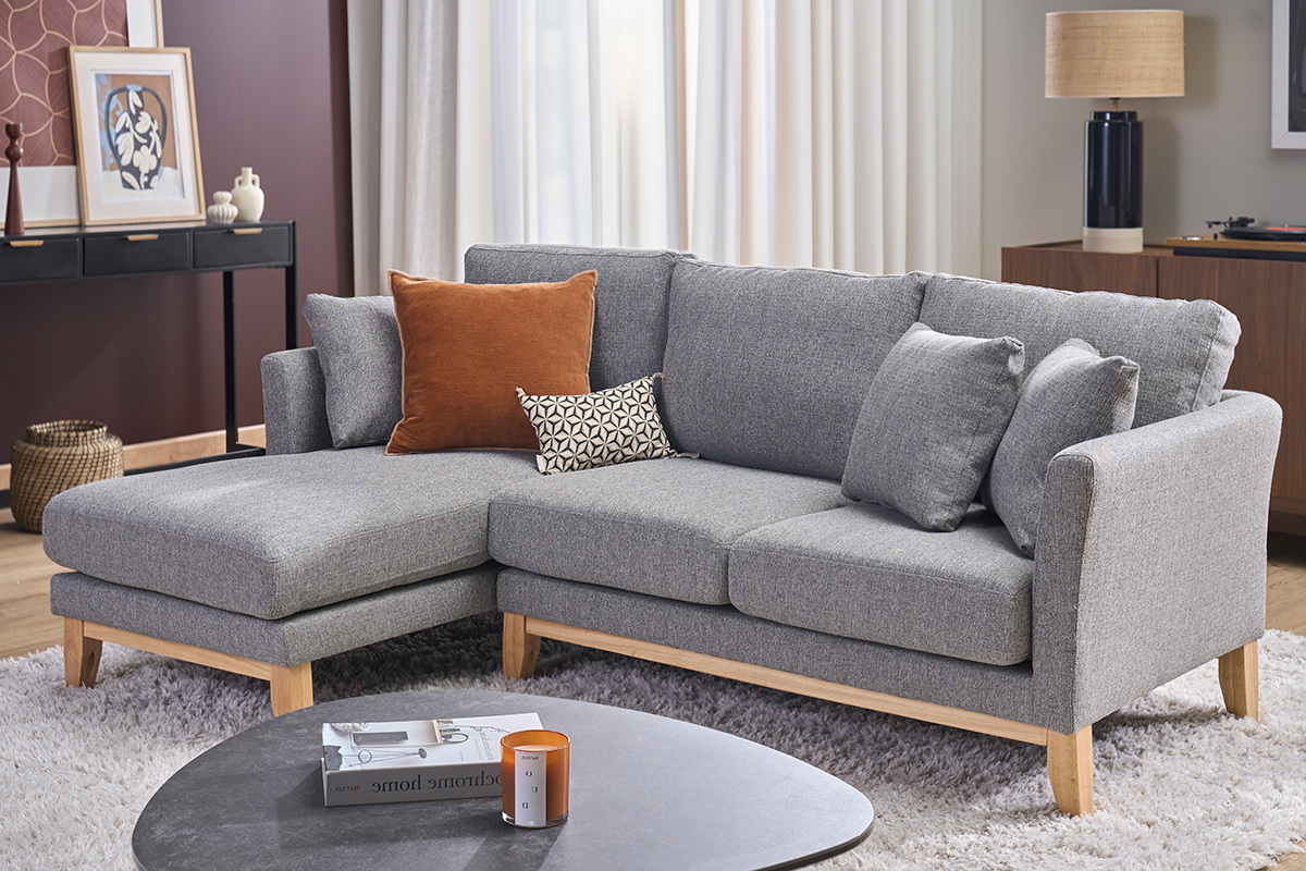 Sof� chaise longue a la izquierda n�rdico desenfundable verde gris�ceo y madera clara 3-4 plazas OSLO
