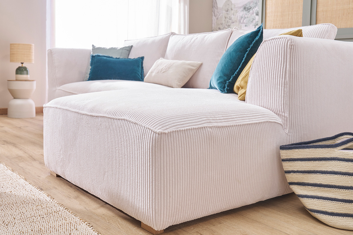 Sofá chaise longue de diseño de pana color crudo 3-4 plazas PANAM