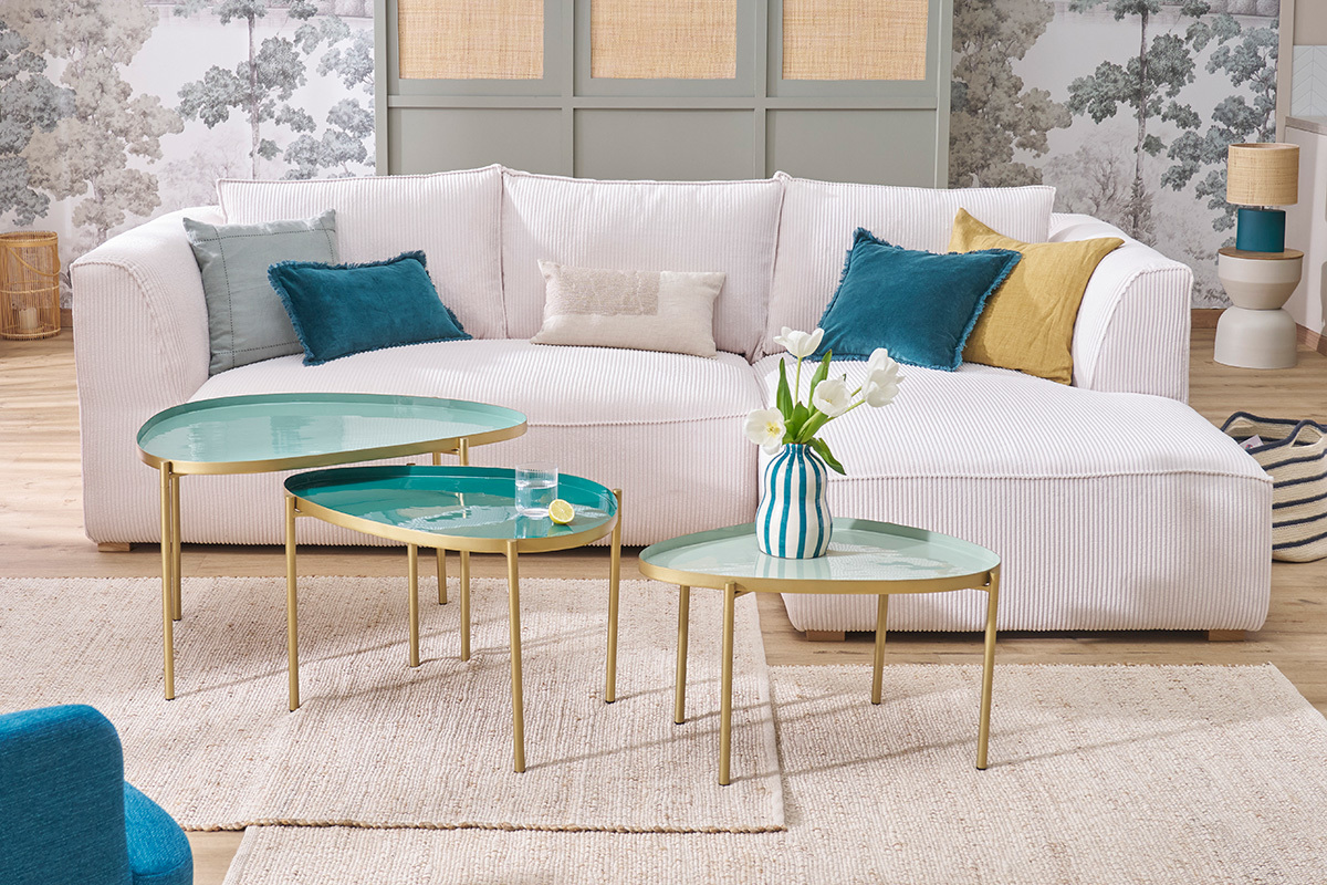 Sofá chaise longue de diseño de pana color crudo 3-4 plazas PANAM