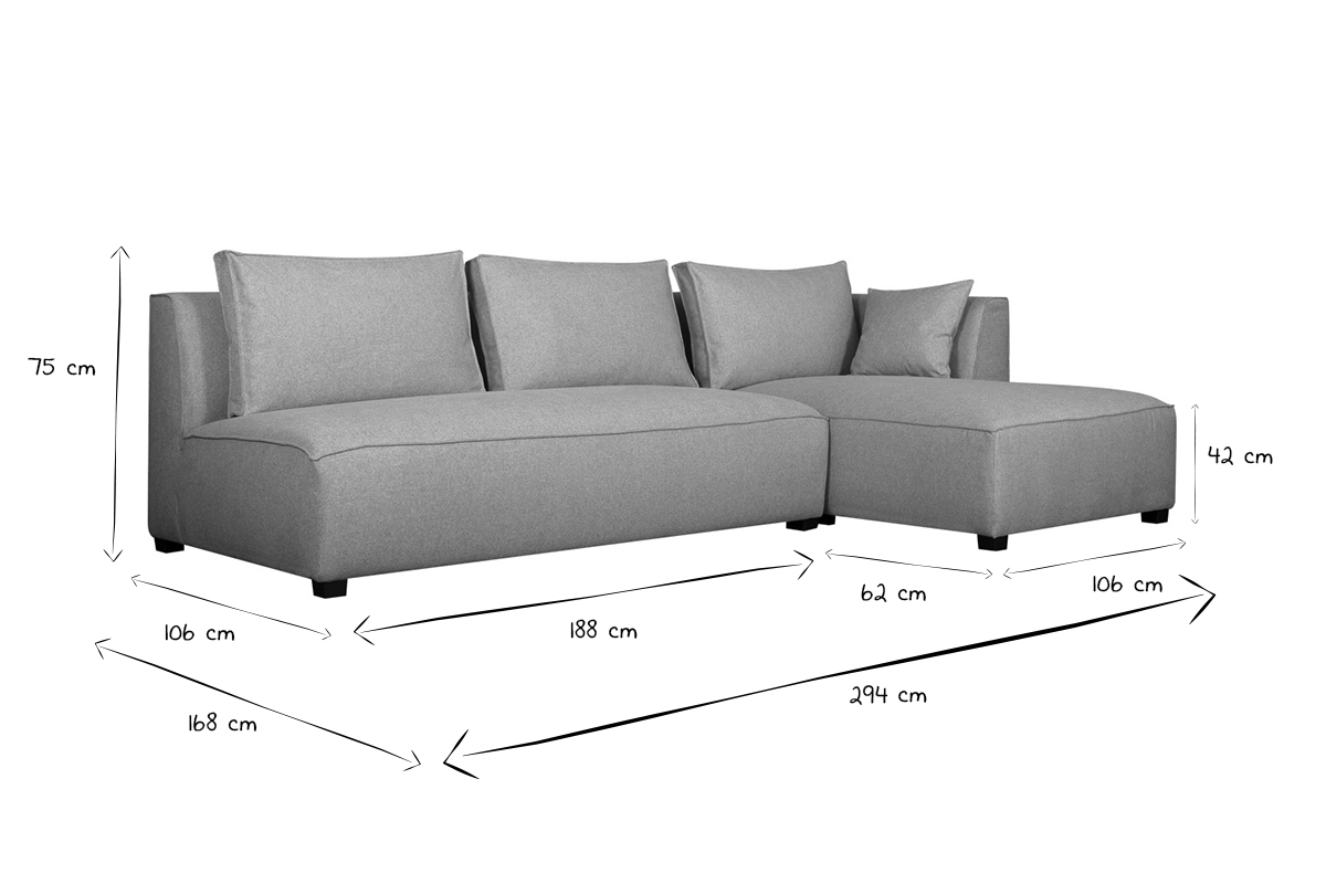 Sof chaise longue derecha modulable con butaca doble gris claro PLURIEL