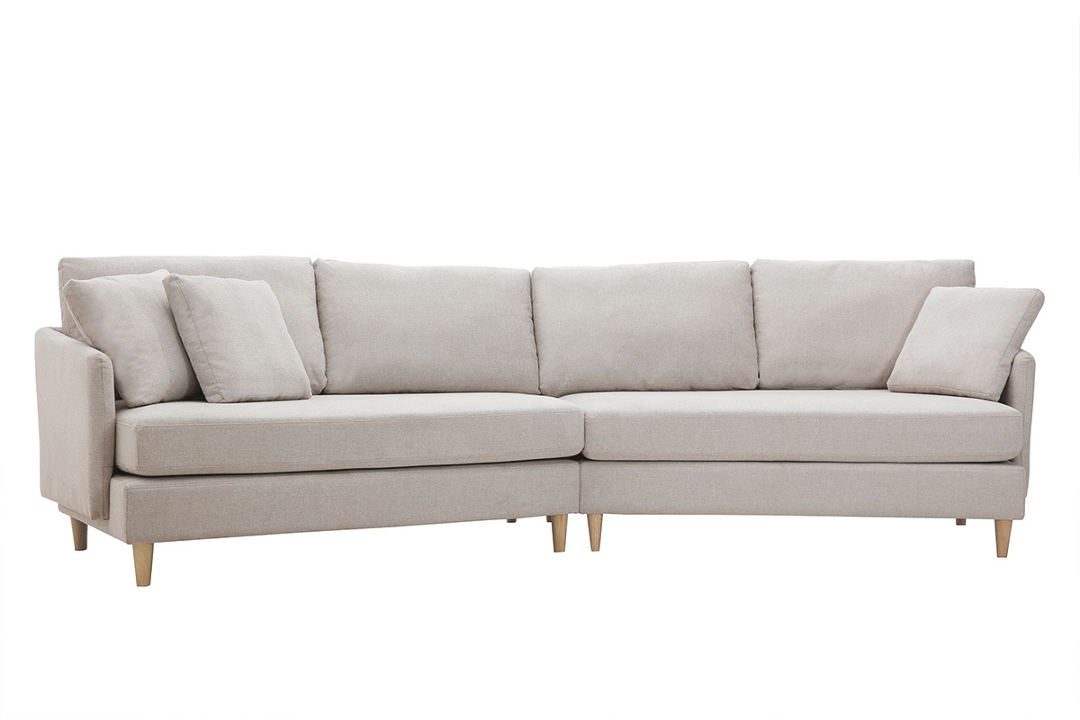 Sof chaise longue nrdico 5plazas de tejido efecto aterciopelado texturizado beige con madera de caucho maciza GROOVE