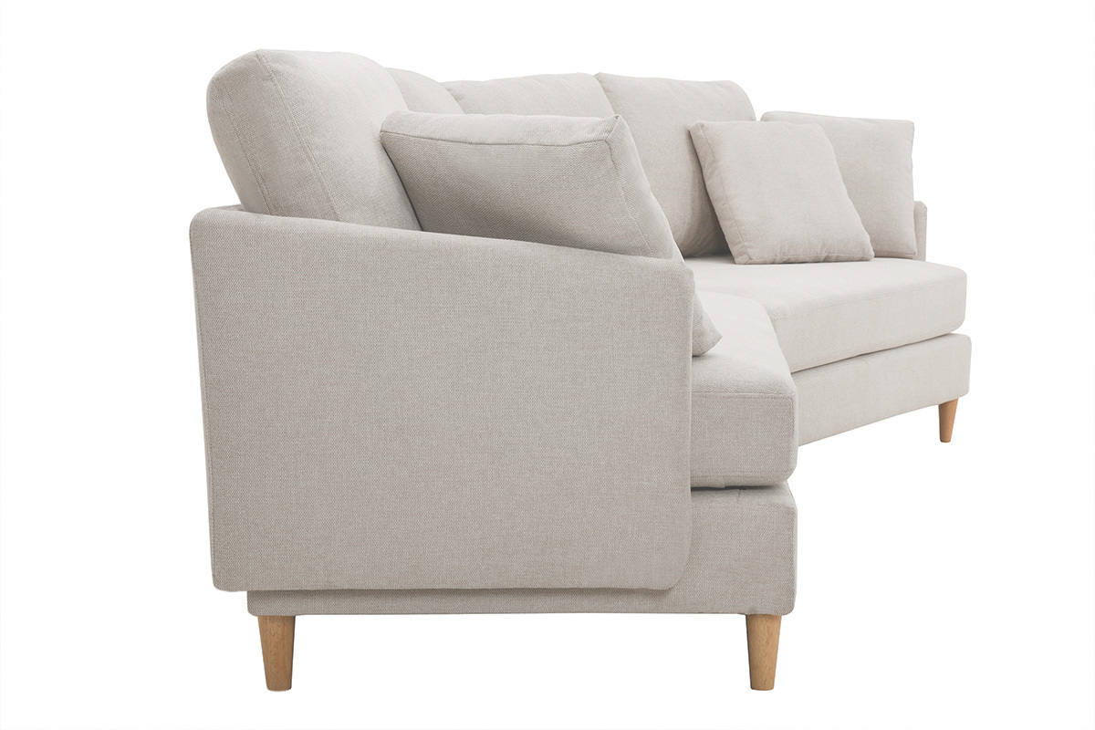 Sof chaise longue nrdico 5plazas de tejido efecto aterciopelado texturizado beige con madera de caucho maciza GROOVE