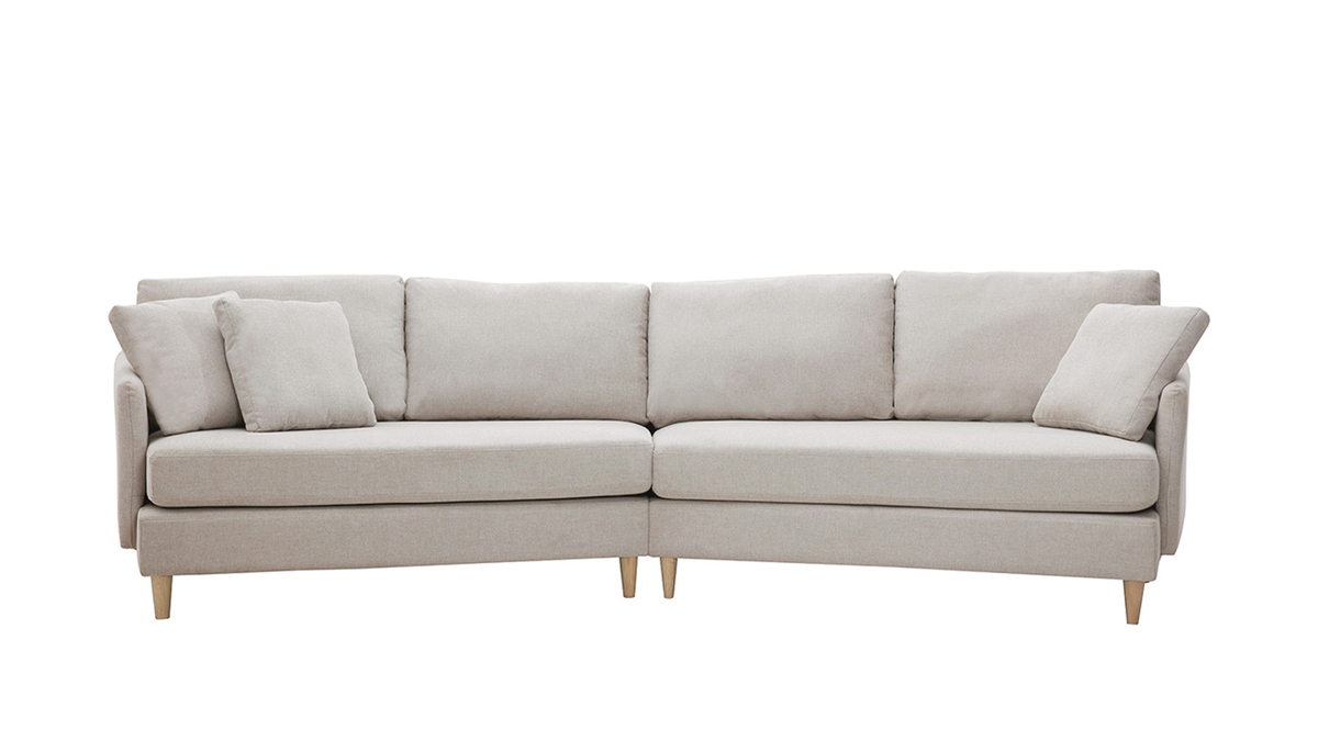 Sofá chaise longue nórdico 5 plazas de tejido efecto aterciopelado  texturizado beige con madera de caucho maciza GROOVE - Miliboo