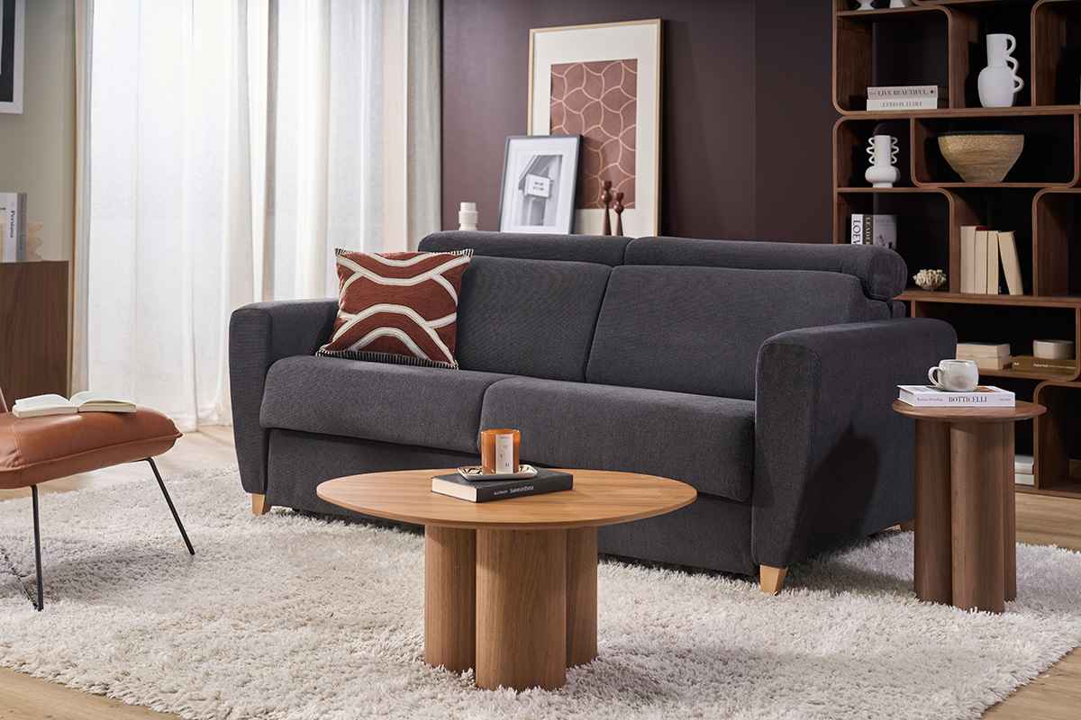 Sof� convertible 3 plazas con reposacabezas ajustables efecto terciopelo gris oscuro GOYA