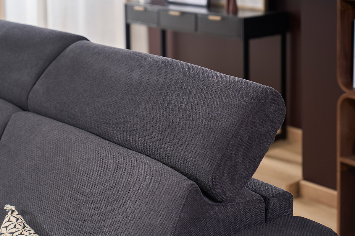 Detalle de los reposacabezas ajustables del sof� cama GOYA en tejido gris antracita.