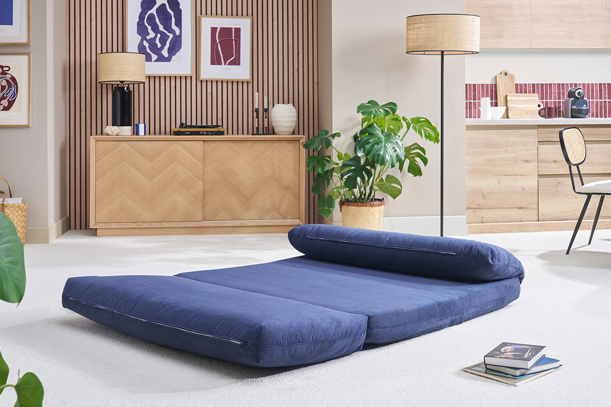 Sof� convertible de 2 plazas en terciopelo acanalado azul oscuro SPENCER