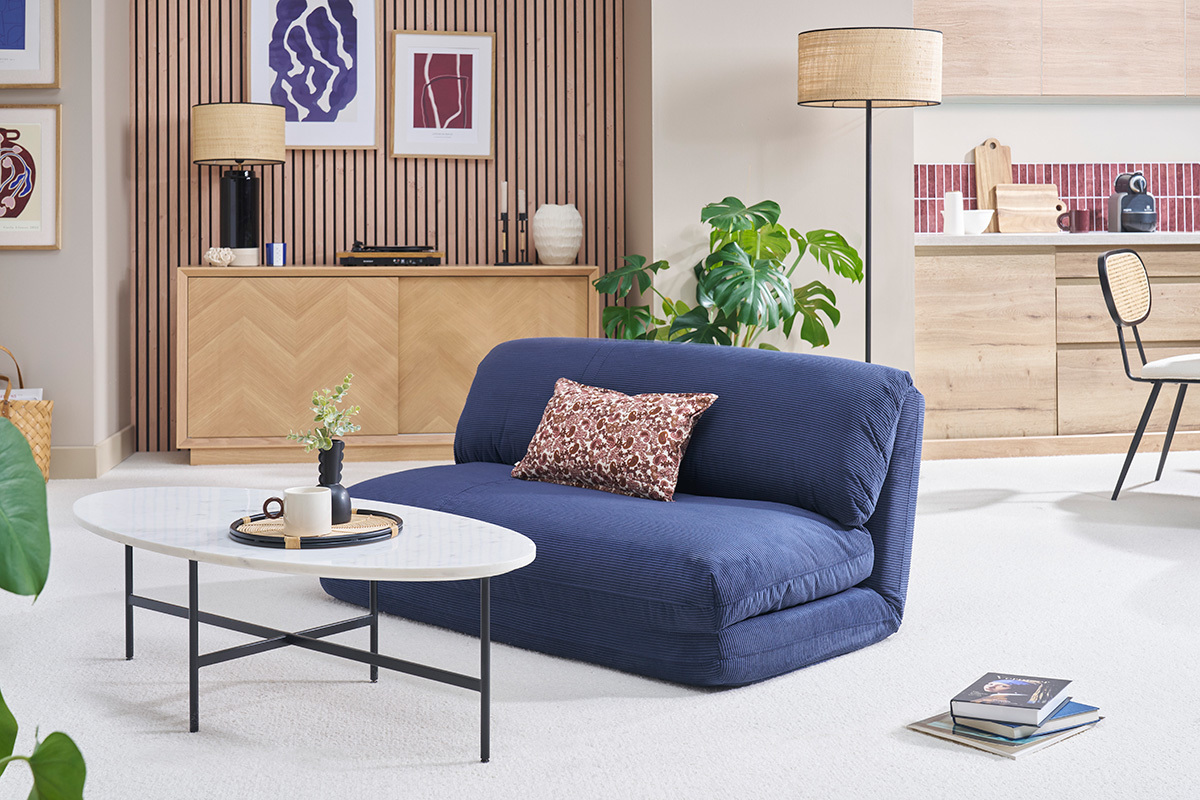 Sof� convertible de 2 plazas en terciopelo acanalado azul oscuro SPENCER