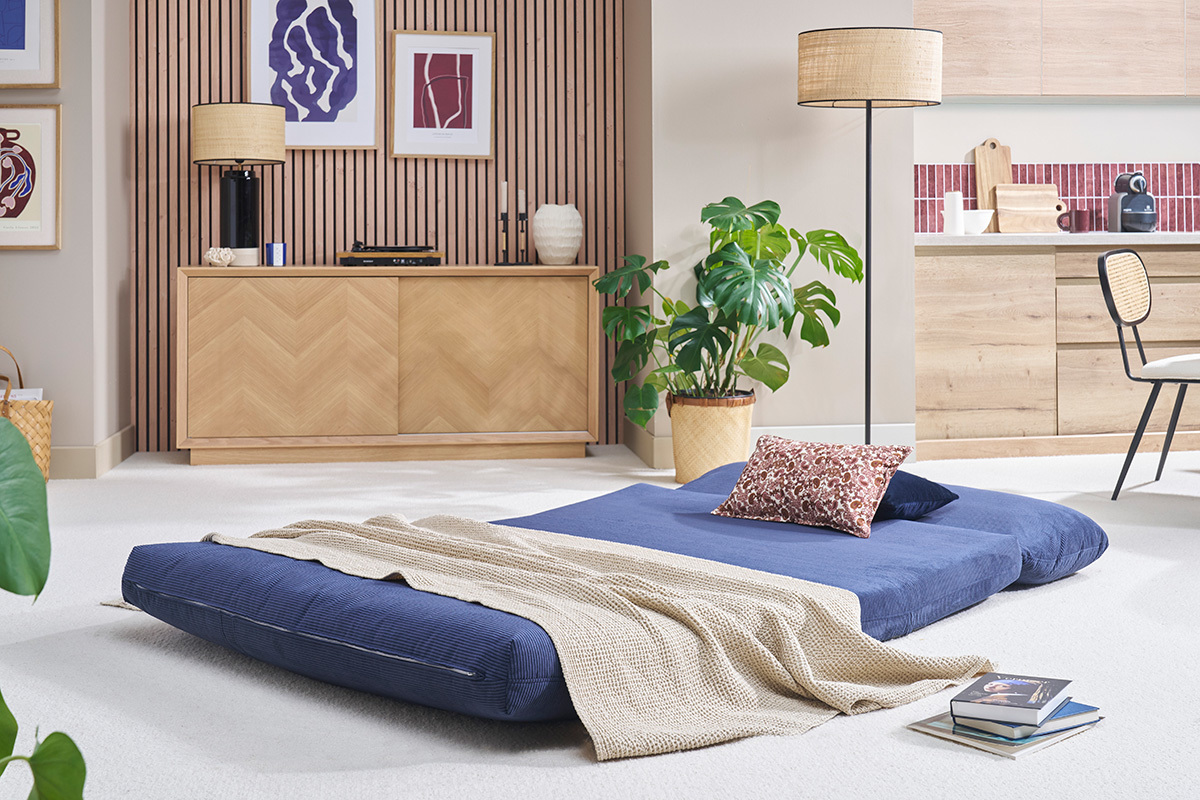 Sof� convertible de 2 plazas en terciopelo acanalado azul oscuro SPENCER