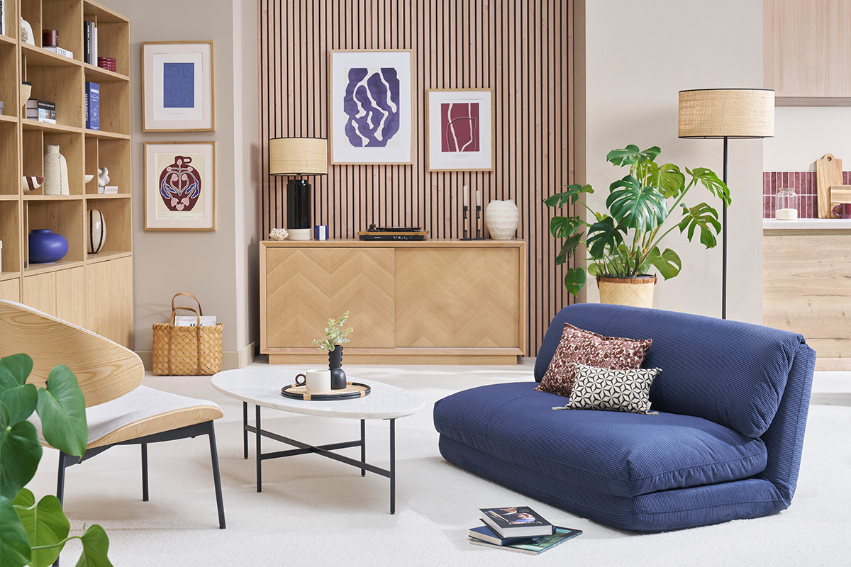 Sof� convertible de 2 plazas en terciopelo acanalado azul oscuro SPENCER