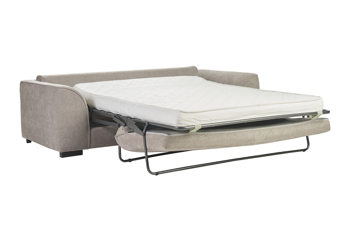 Sof cama convertible de 3 plazas en color topo con el colchn desplegado, vista 3/4.