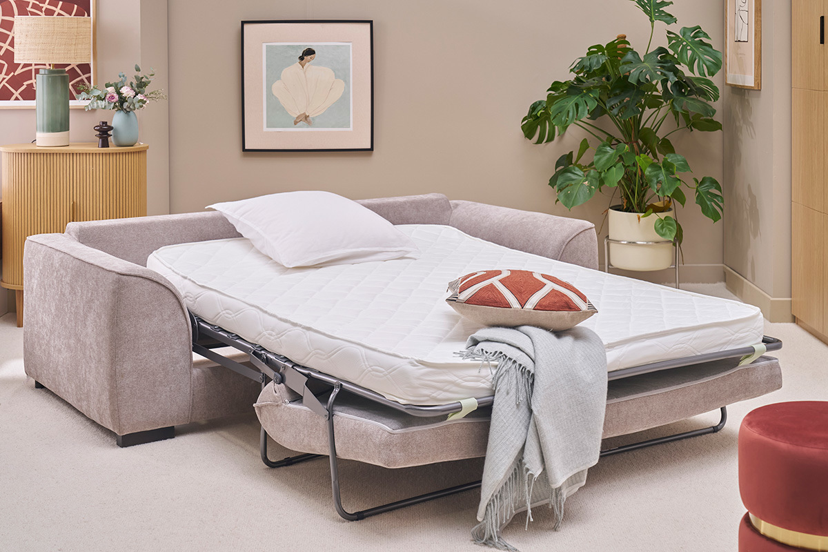 Sof� convertible de 3 plazas en tela efecto terciopelo topo con colch�n de 12 cm ARMAND