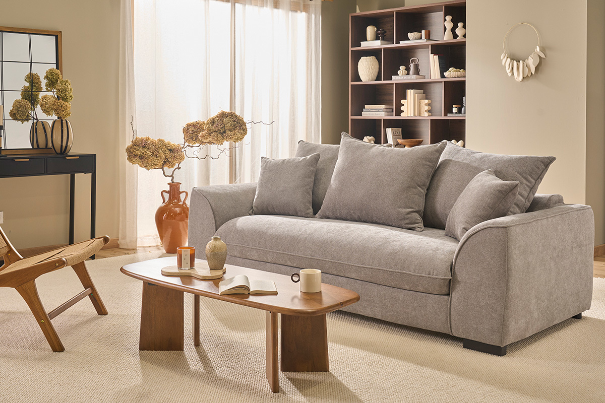 Sof� convertible de 3 plazas en tela efecto terciopelo topo con colch�n de 12 cm ARMAND