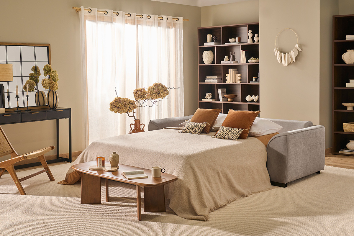 Sof� convertible de 3 plazas en tela efecto terciopelo topo con colch�n de 12 cm ARMAND