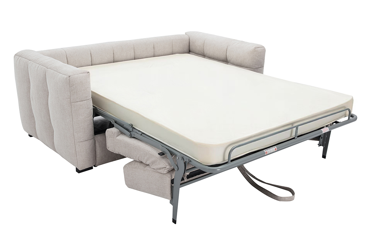 Sof� convertible de 3 plazas CORTO abierto en tela de terciopelo beige, vista de 3/4.