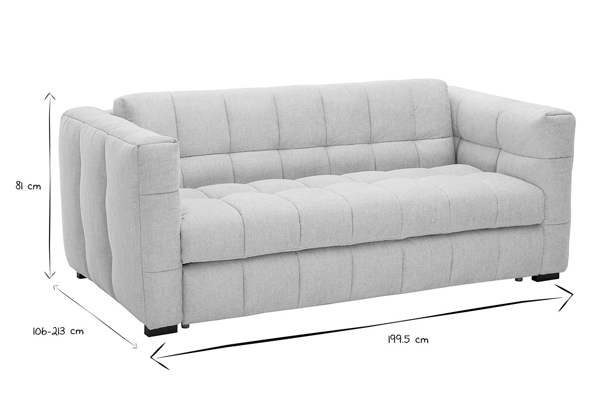 Dimensiones del sof� cama de 3 plazas CORTO en negro y blanco, vista de tres cuartos.