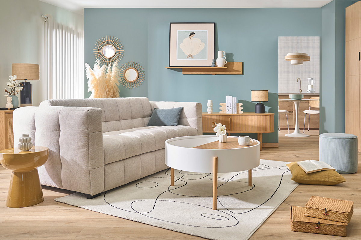 Sof� convertible de dise�o de 3 plazas en tela efecto terciopelo texturizado beige CORTO