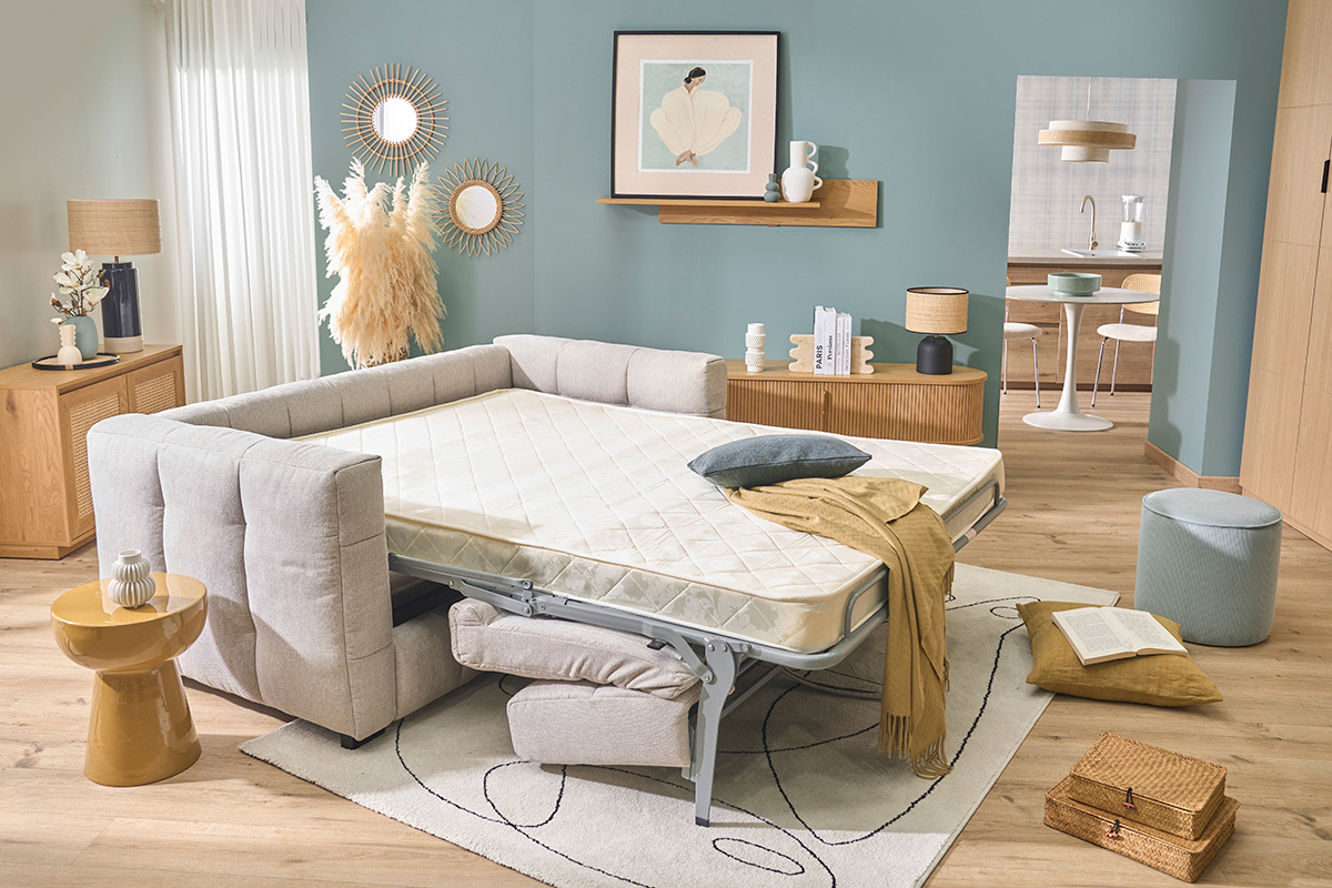 Sof� convertible de dise�o de 3 plazas en tela efecto terciopelo texturizado beige CORTO