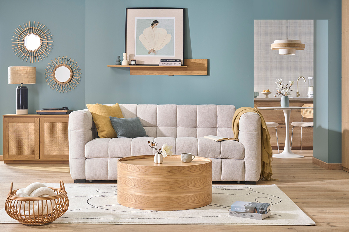 Sof� convertible de dise�o de 3 plazas en tela efecto terciopelo texturizado beige CORTO