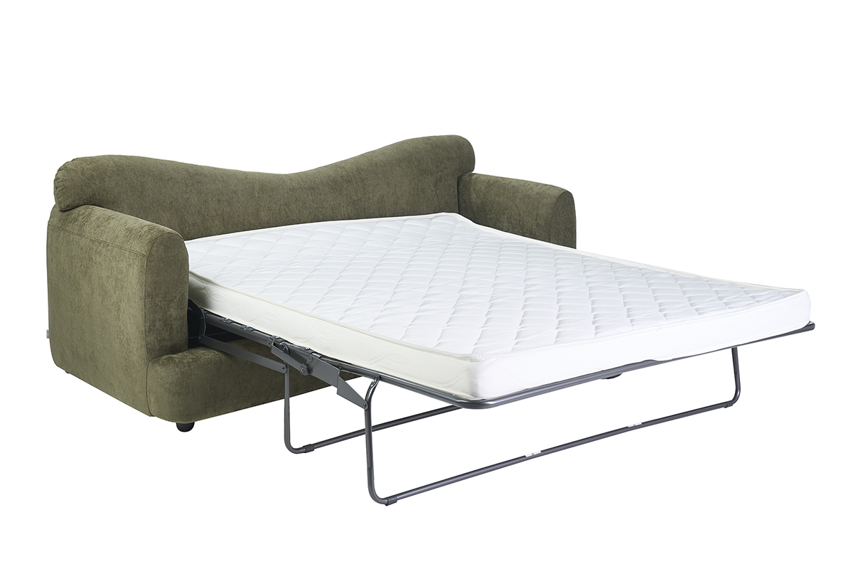 Canap� convertible desenfundable verde caqui, modelo SACHA, con colch�n desplegado, vista en 3/4.