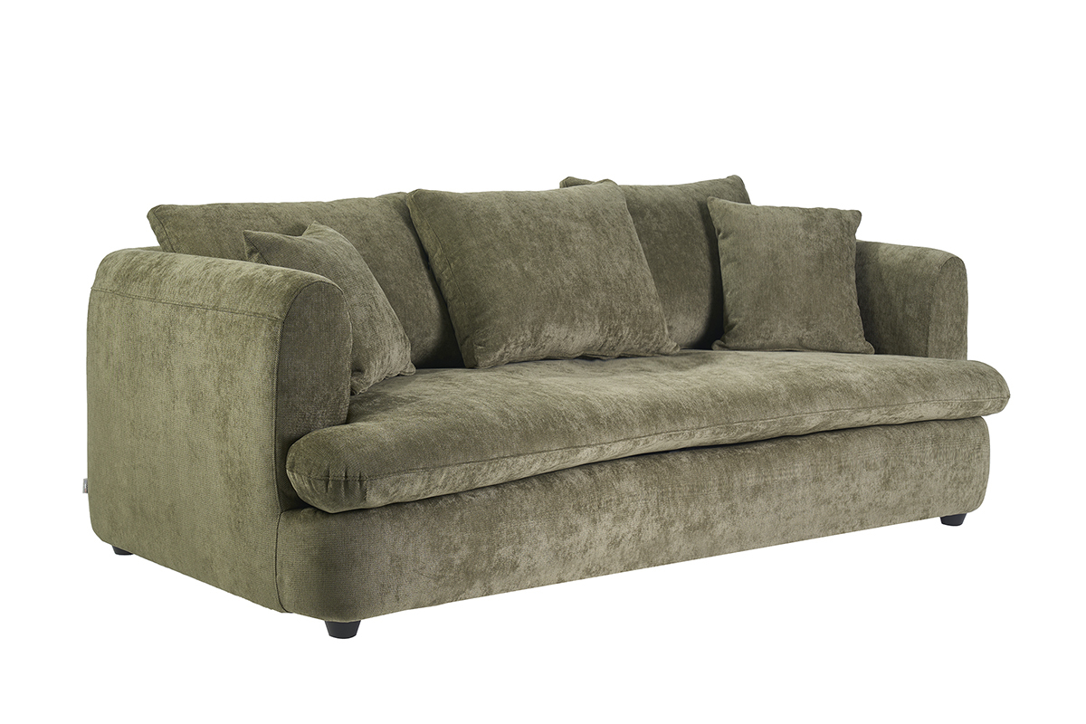Sof� convertible desenfundable de 3-4 plazas en tejido efecto terciopelo texturizado verde caqui, vista de 3/4.
