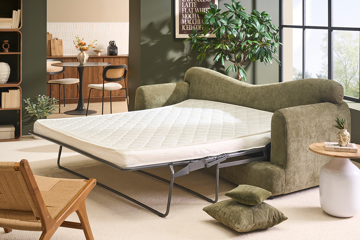 Sof� convertible desenfundable de dise�o 3-4 plazas en forma de haba, tejido efecto terciopelo texturizado verde caqui SACHA